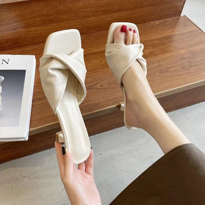 Fashion Summer Women Shoes. Square Open Toe High Heels Outdoor Fashion Slippers